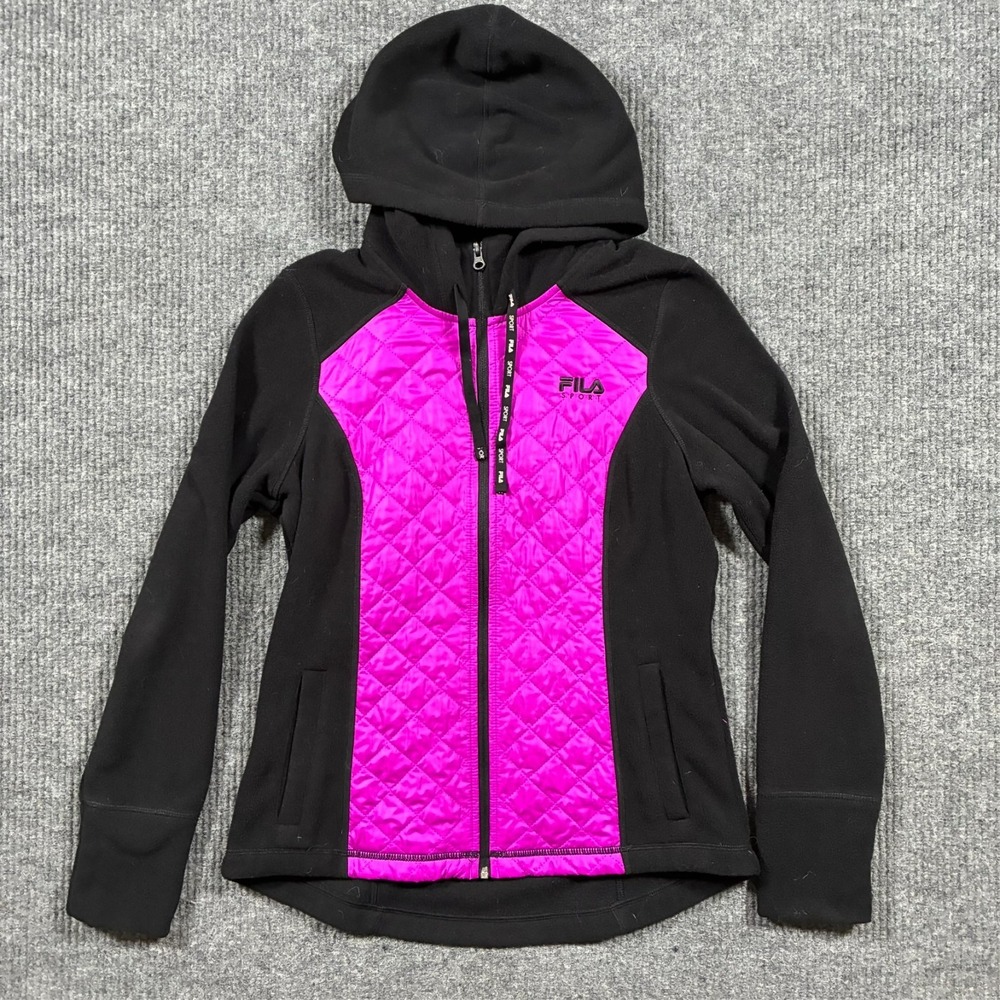 FILA Sport Jacket Womens Size S Black Pink Quilted Full Zip Hooded Activewear